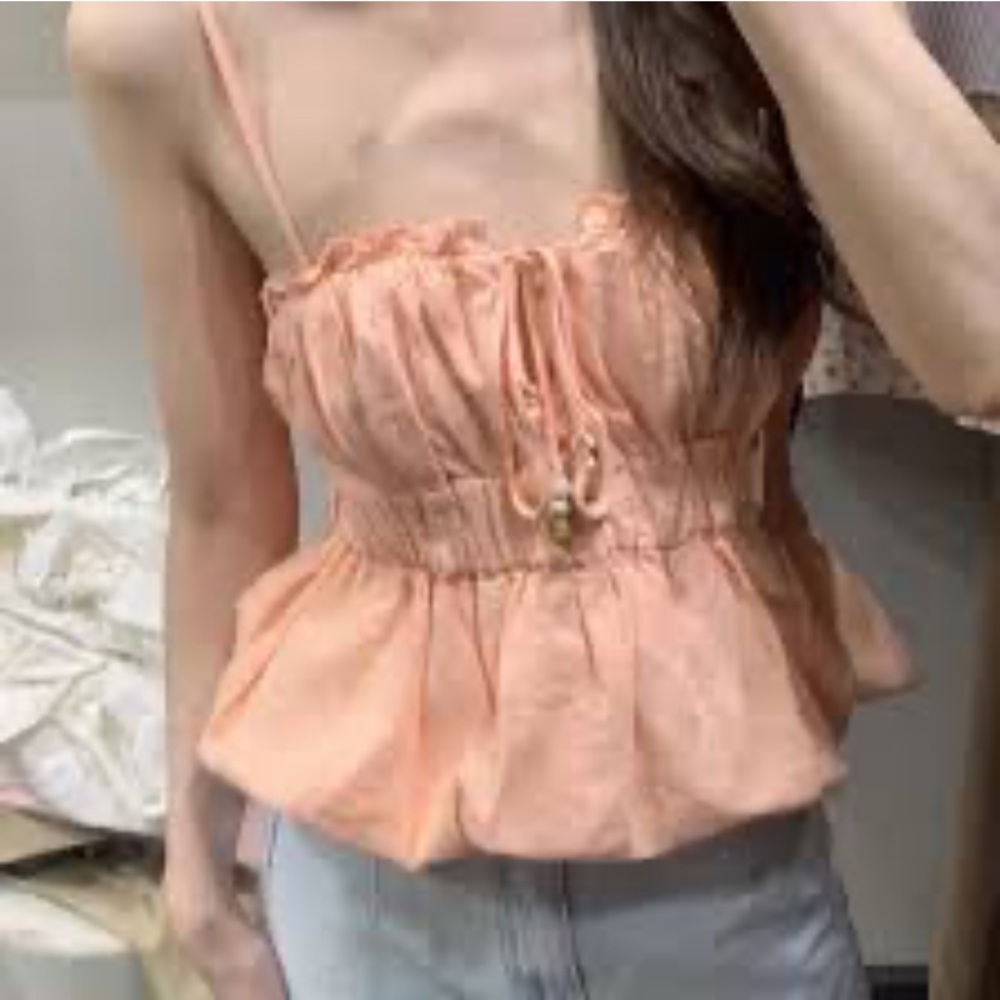Zara  NWT Peach Linen Elastic top bubble hem beads bow tight ref 8372/113/696 - Picture 5 of 15